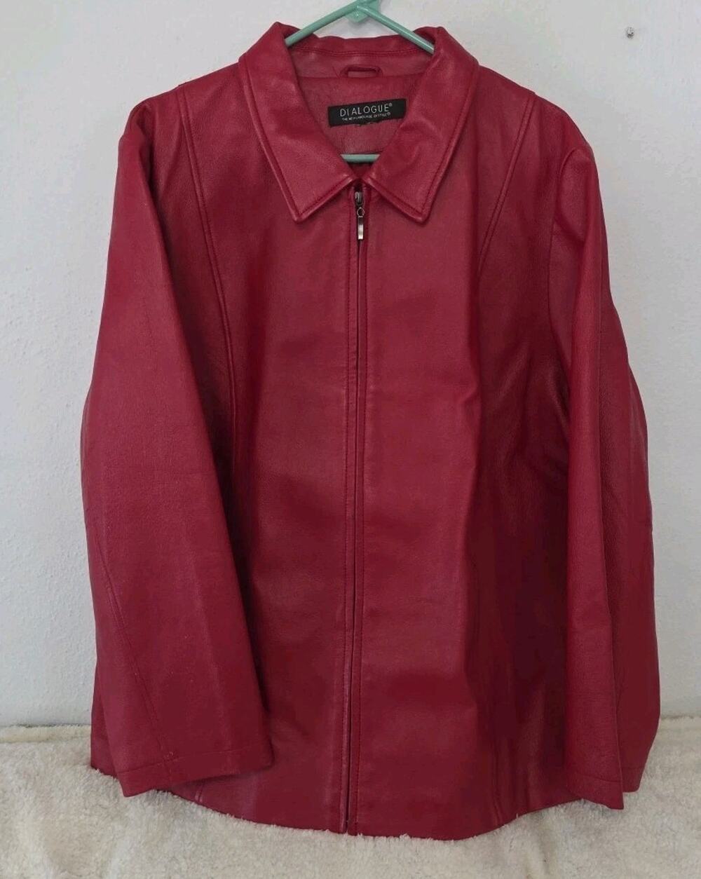 Dialogue Red Leather Coat Jacket Size 1X-2X Women's Pockets Lined Zipper *READ